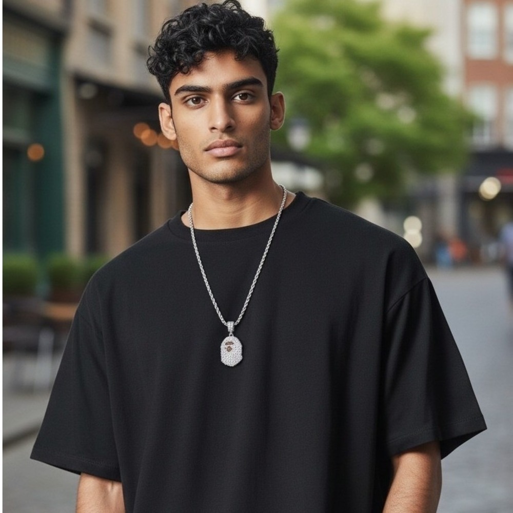 NWOT Steel And Cubic BAPE pendant Necklace 28" Steel Rope Chain